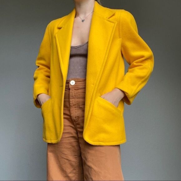 Vintage 80s Women’s Intuition Union Made Canary Yellow Wool Blazer Jacket Sz 6 - Picture 3 of 12